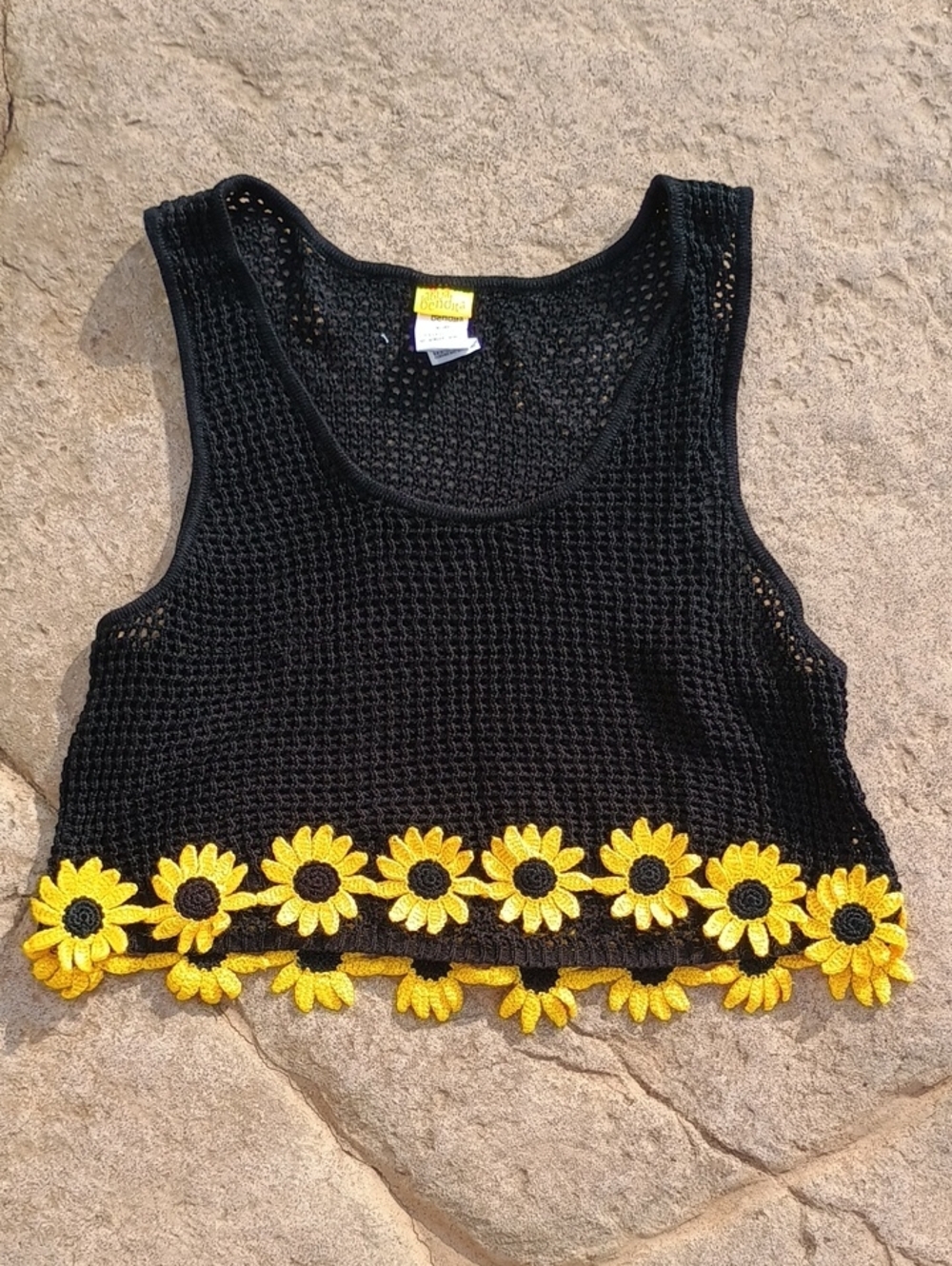 Black Crochet Crop Top with Yellow Sunflower Trim Women's Size Medium